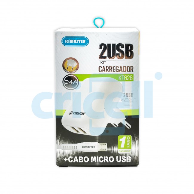 Kit Carregador Inteligente 2 Portas Usb C/ Cabo Micro Usb de 1 Metro - Kimaster